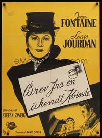 4v629 LETTER FROM AN UNKNOWN WOMAN Danish '49 different artwork of Joan Fontaine & Louis Jourdan!