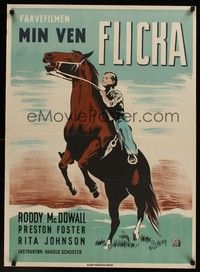 4v651 MY FRIEND FLICKA Danish '47 great artwork of Roddy McDowall on horseback!