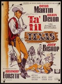 4v716 TEXAS ACROSS THE RIVER Danish '67 artwork of cowboy Dean Martin, Alain Delon & Joey Bishop!