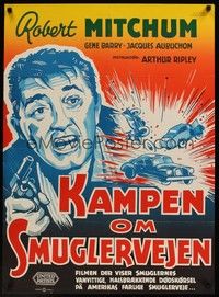 4v724 THUNDER ROAD Danish '58 artwork of Robert Mitchum & violent car crash!