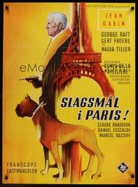 4v733 UPPER HAND Danish '67 cool art of Jean Gabin with gun & boxer dog by Eiffel Tower!