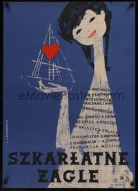 4v083 ALYE PARUSA Polish 23x33 '62 Vertinskaya, Janczewska art of girl holding sailboat & heart!