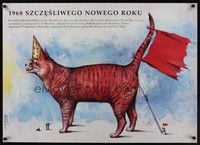 4v062 1968 SCZCZESLIWEGO NOWEGO ROKU Polish 27x38 '92 wild Pagowski art of people & giant cat!
