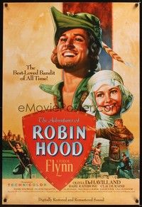 4w022 ADVENTURES OF ROBIN HOOD 1sh R89 art of Errol Flynn as Robin Hood, Olivia De Havilland!