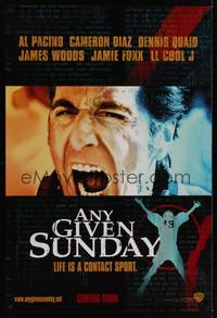 4w040 ANY GIVEN SUNDAY teaser DS 1sh '99 Oliver Stone, Al Pacino, Cameron Diaz, football!