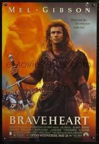 4w105 BRAVEHEART advance 1sh '95 cool image of Mel Gibson as William Wallace!