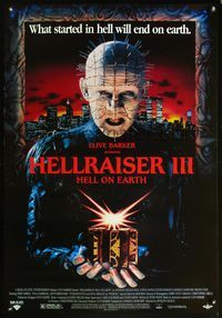4w264 HELLRAISER III: HELL ON EARTH video 1sh '92 Clive Barker, great c/u of Pinhead holding cube!