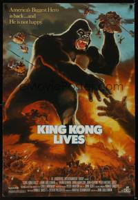 4w377 KING KONG LIVES 1sh '86 great artwork of huge unhappy ape attacked by army!
