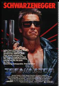 4w665 TERMINATOR 1sh '84 super close up of most classic cyborg Arnold Schwarzenegger with gun!