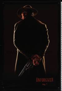 4w699 UNFORGIVEN teaser 1sh '92 classic image of gunslinger Clint Eastwood with his back turned!