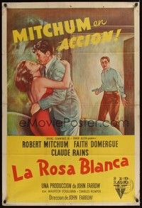 4y228 WHERE DANGER LIVES Argentinean '50 art of Robert Mitchum holding Faith Domergue, Rains w/gun