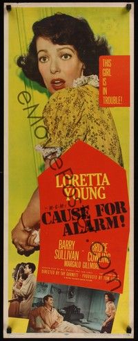 4y031 CAUSE FOR ALARM insert '50 great huge close up image Loretta Young, and she is in trouble!