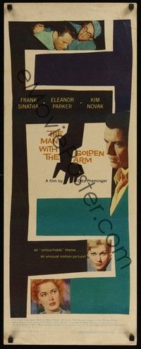 4y041 MAN WITH THE GOLDEN ARM insert '56 Frank Sinatra is hooked, classic Saul Bass art & design!