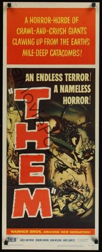 4y047 THEM insert '54 classic sci-fi, cool art of horror horde of giant bugs terrorizing people!