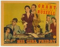 4y146 HIS GIRL FRIDAY LC '39 great c/u of Rosalind Russell between Cary Grant & Ralph Bellamy!