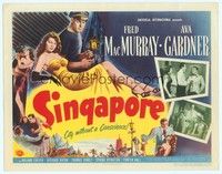 4y126 SINGAPORE TC '47 artwork of sexy full-length Ava Gardner + seaman Fred MacMurray with gun!