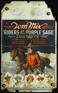 4y095 RIDERS OF THE PURPLE SAGE WC '25 art of Texas Ranger Tom Mix & Tony, Zane Grey's best!
