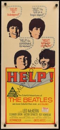 4z241 HELP linen Aust daybill '65 colorful adventures of The Beatles, John, Paul, George & Ringo!