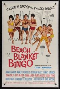 4z032 BEACH BLANKET BINGO linen 1sh '65 Frankie Avalon & Annette Funicello go sky diving!