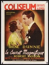 4z284 MAGNIFICENT OBSESSION linen pre-War Belgian '35 romantic c/u of Irene Dunne & Robert Taylor!