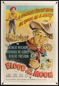 4z037 BLOOD ON THE MOON linen 1sh '49 art of Robert Mitchum pointing gun & Barbara Bel Geddes!
