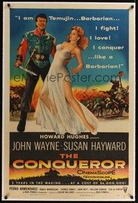 4z055 CONQUEROR linen 1sh '56 barbarian John Wayne grabs half-dressed sexy Susan Hayward!