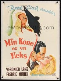 4z317 I MARRIED A WITCH linen Danish '42 wonderful art of sexiest Veronica Lake & Fredric March!