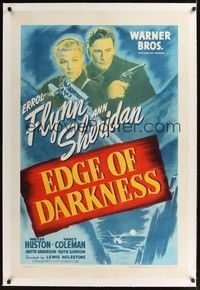 4z064 EDGE OF DARKNESS linen 1sh '42 great image of Errol Flynn & Ann Sheridan, both pointing guns!