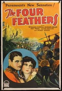 4z077 FOUR FEATHERS linen 1sh '29 cool stone litho of Richard Arlen, Fay Wray & attacking natives!
