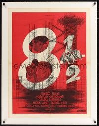 4z352 8 1/2 linen French 23x32 '63 Federico Fellini, Marcello Mastroianni, Claudia Cardinale!