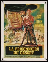 4z374 SEARCHERS linen French 23x32 R64 cool different art of John Wayne & co-stars by Landi!
