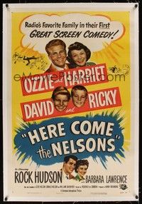 4z090 HERE COME THE NELSONS linen 1sh '51 Ozzie, Harriet, Ricky, David & Rock Hudson too!