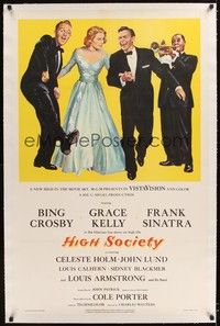 4z091 HIGH SOCIETY linen 1sh '56 art of Frank Sinatra, Bing Crosby, Grace Kelly & Louis Armstrong!