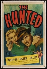 4z094 HUNTED linen 1sh '48 close up of sexy Belita holding gun with arms around Preston Foster!