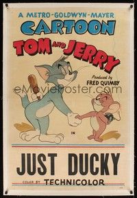 4z107 TOM & JERRY linen 1sh '52 Tom & Jerry hiding weapons behind their back, Just Ducky!