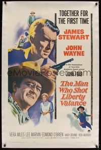 4z121 MAN WHO SHOT LIBERTY VALANCE linen 1sh '62 John Wayne & James Stewart, John Ford