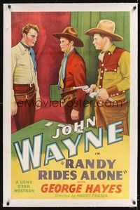 4z152 RANDY RIDES ALONE linen 1sh R39 stone litho of John Wayne confronting men cheating at poker!