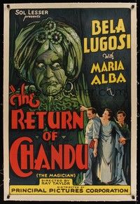 4z154 RETURN OF CHANDU linen 1sh '34 great artwork of spooky magician Bela Lugosi, serial!