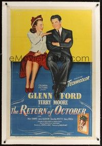 4z155 RETURN OF OCTOBER linen 1sh '48 Glenn Ford sitting with Terry Moore + wacky race horse!