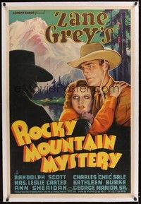 4z160 ROCKY MOUNTAIN MYSTERY linen 1sh '35 Zane Grey, great image of Randolph Scott & Ann Sheridan!