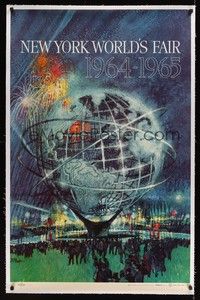 4z207 NEW YORK WORLD'S FAIR linen special 28x44 '64 art of the Unisphere & fireworks by Bob Peak!