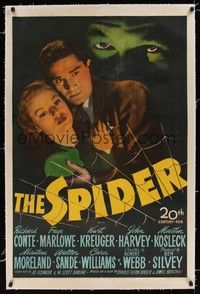 4z171 SPIDER linen 1sh '45 close up of Richard Conte & Faye Marlow holding each other in web!