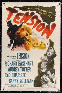 4z183 TENSION linen 1sh '49 sexy bad girl Audrey Totter gives Richard Basehart two-timing kisses!