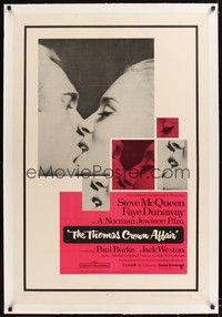 4z187 THOMAS CROWN AFFAIR linen 1sh '68 best kiss close up of Steve McQueen & sexy Faye Dunaway!
