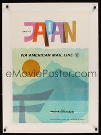 4z215 SAIL TO JAPAN linen travel poster '60s via cargo liners from the Pacific Northwest, cool art!