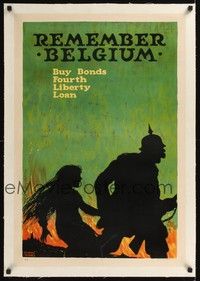 4z209 REMEMBER BELGIUM linen WWI war poster '18 Ellsworth Young art of German soldier w/young girl!