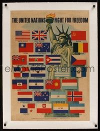 4z211 UNITED NATIONS FIGHT FOR FREEDOM linen war poster '42 cool art of Lady Liberty & 26 flags!