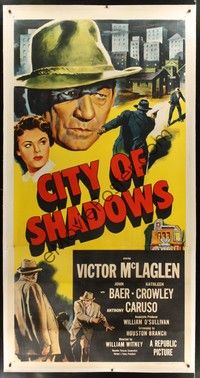 5a256 CITY OF SHADOWS linen 3sh '55 close up of tough gangster Victor McLaglen in New York City!