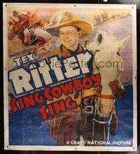 5a251 SING COWBOY SING linen 6sh '37 incredible huge artwork of Tex Ritter & his horse White Flash!