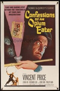 5a014 CONFESSIONS OF AN OPIUM EATER 1sh '62 Vincent Price, cool artwork of drugs & caged girls!